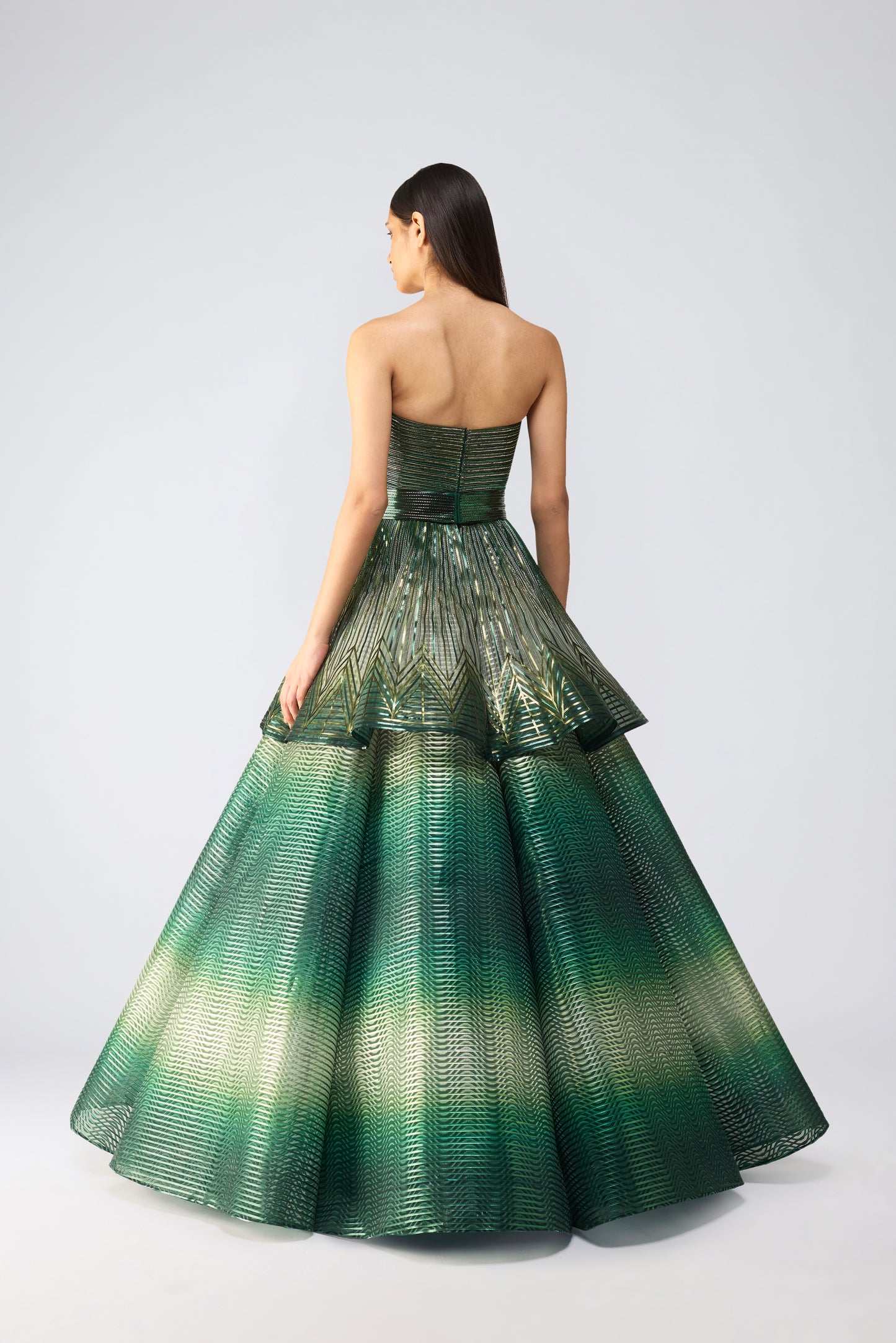 Metallic Glitch Flared Peplum Gown