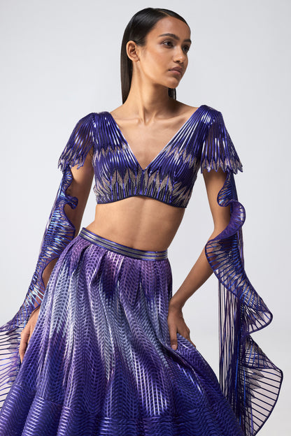 Metallic Glitch Top With Drape And Ombre Skirt
