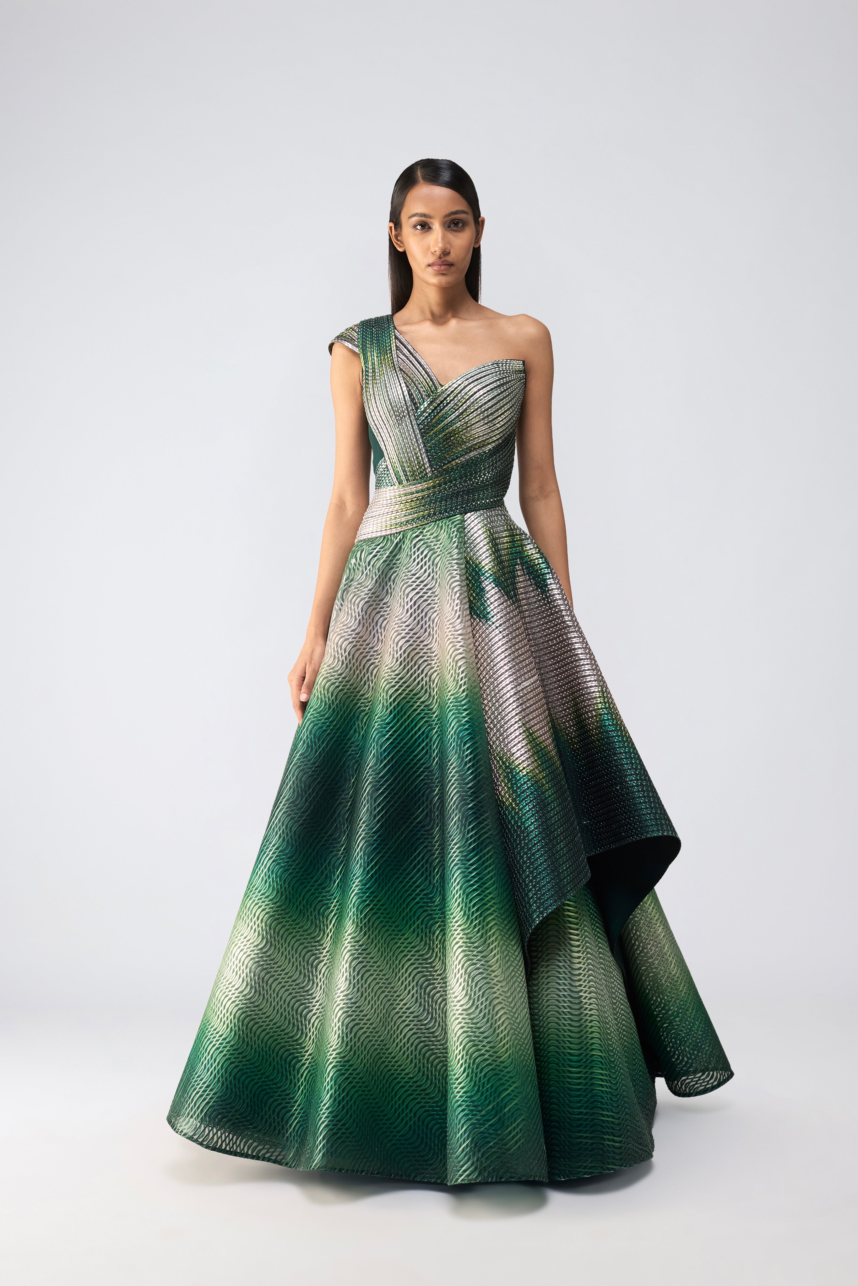Metallic Glitch Flared Gown