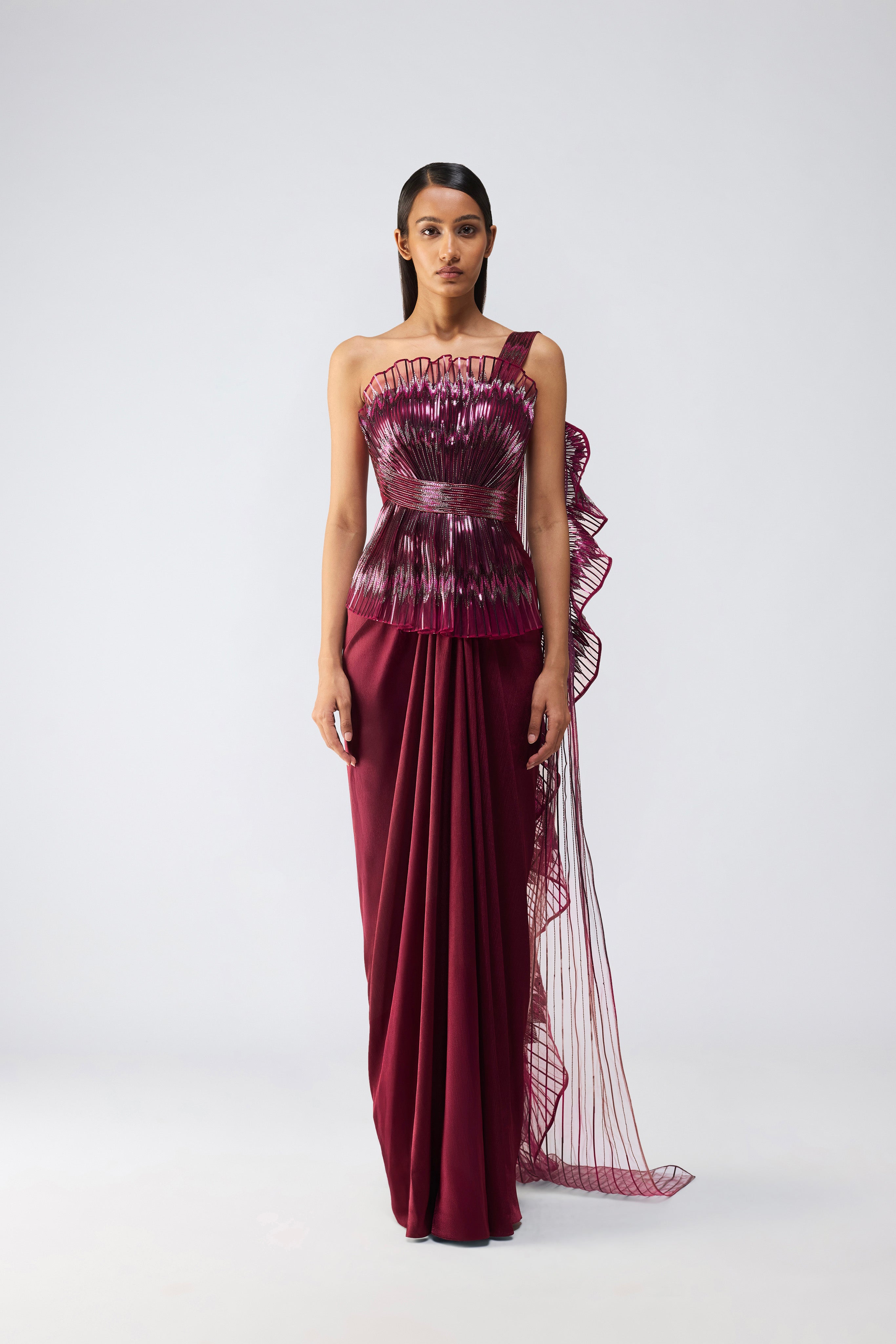 Metallic Glitch Ruffle Gown