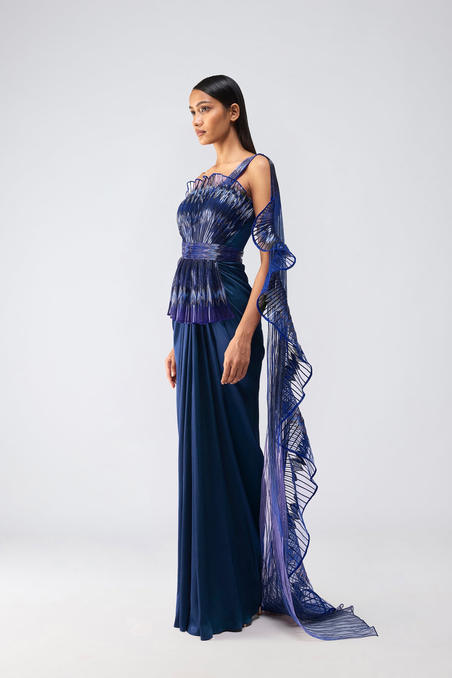 Metallic Glitch Ruffle Gown