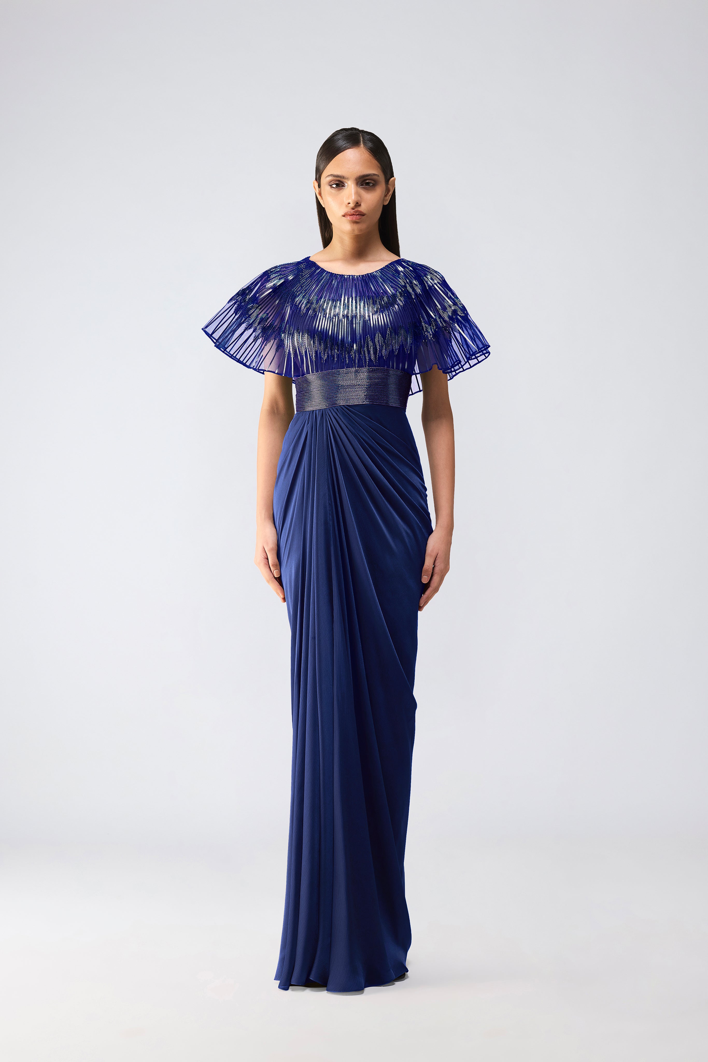 Metallic Glitch Cape Gown
