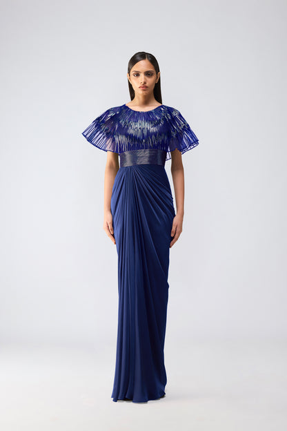 Metallic Glitch Cape Gown