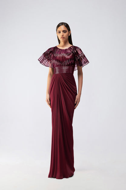 Metallic Glitch Cape Gown