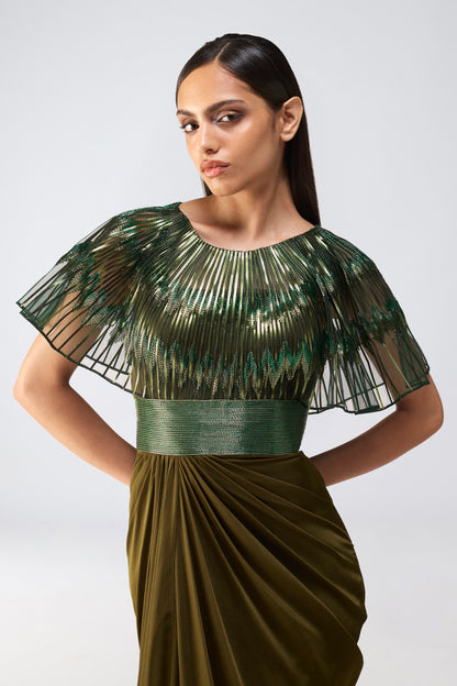 Metallic Glitch Cape Gown