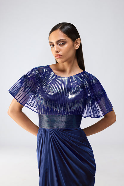 Metallic Glitch Cape Gown
