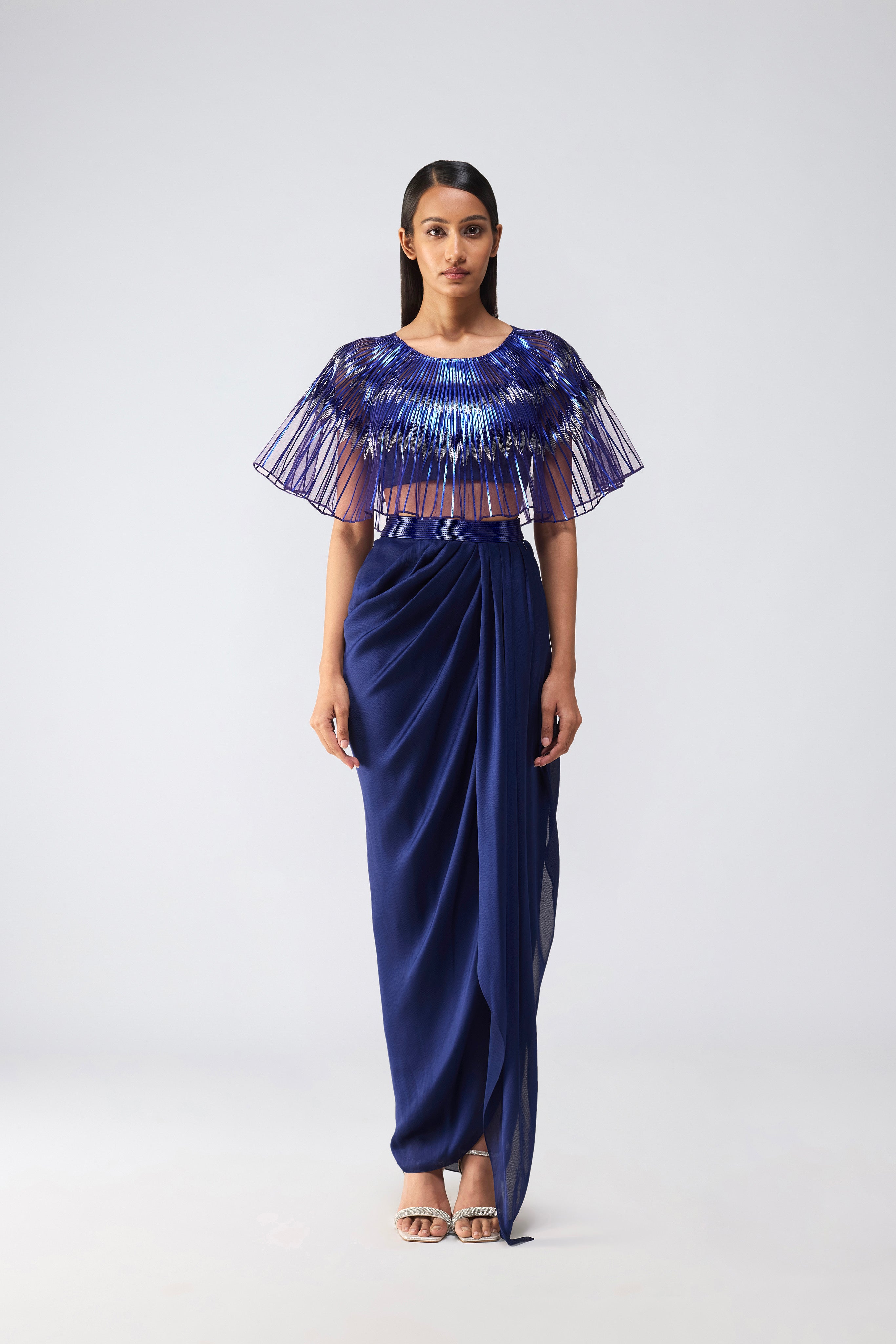 Metallic Glitch Cape And Draped Skirt