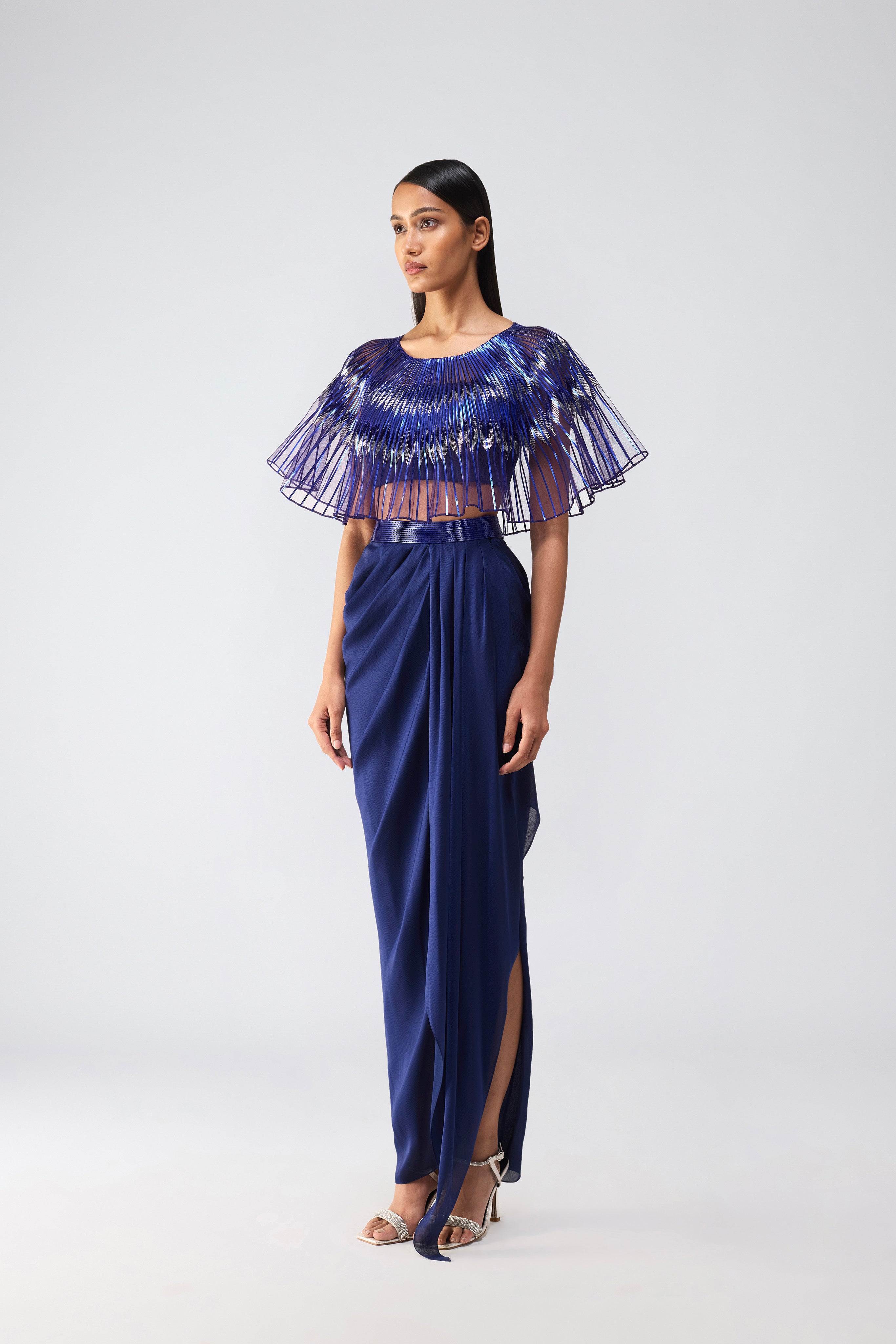 Metallic Glitch Cape And Draped Skirt