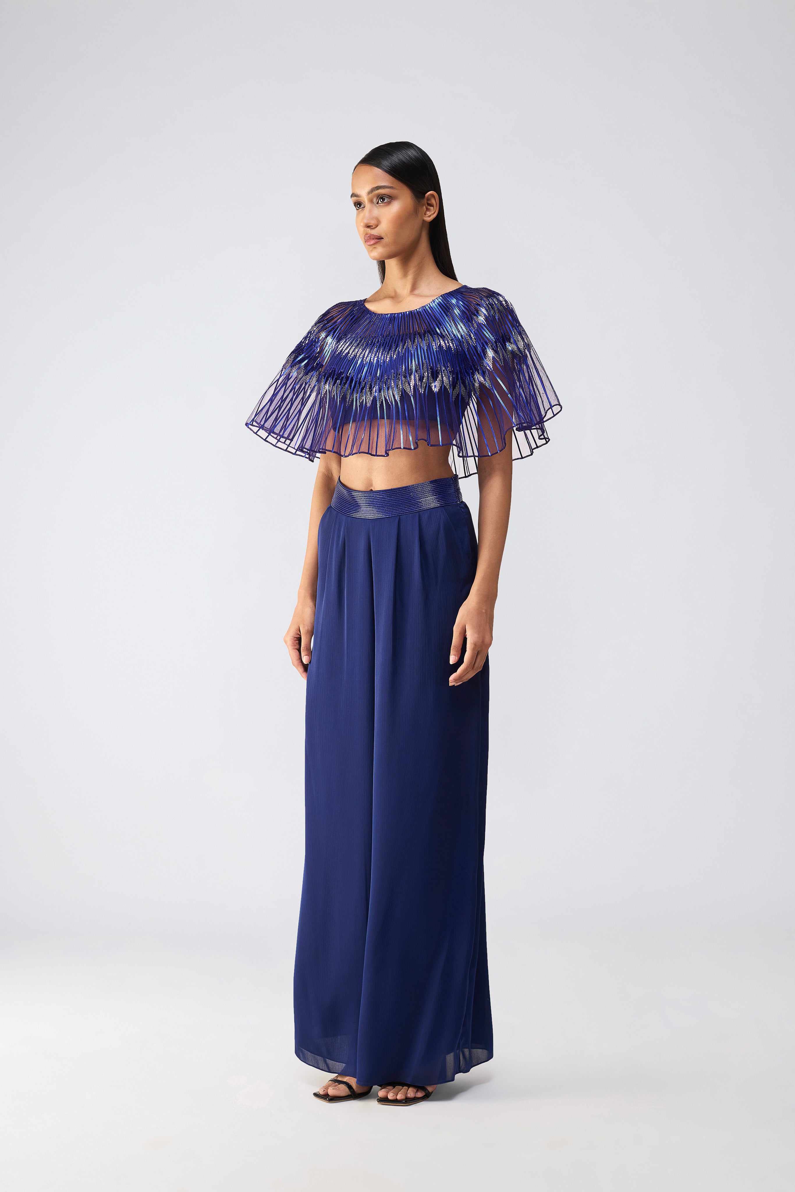 Metallic Glitch Cape Top With Pants