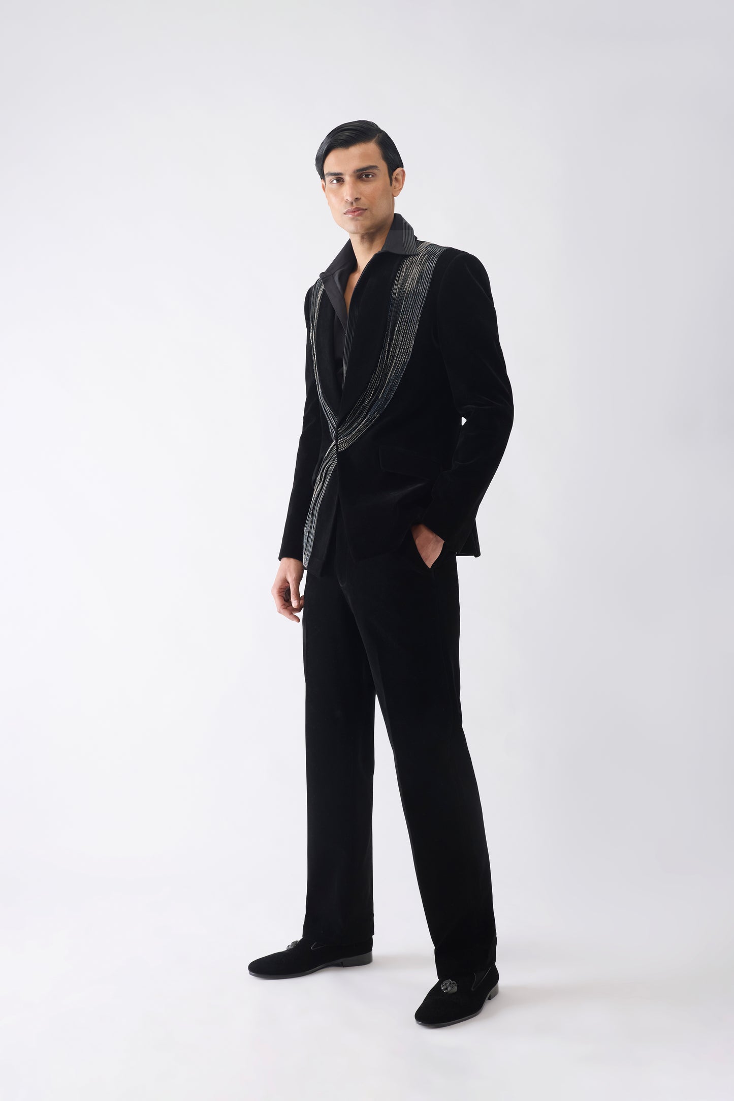 Corded Tuxedo Set with Glass Bead Hand Embroidery