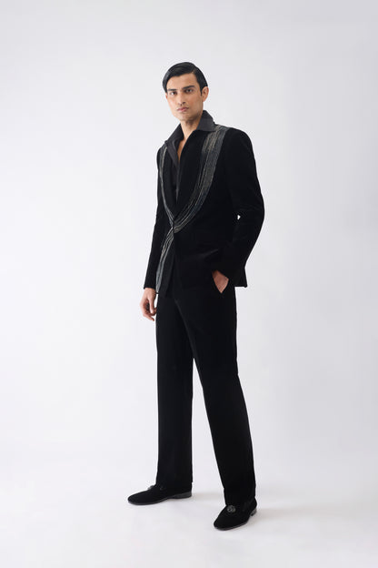 Corded Tuxedo Set with Glass Bead Hand Embroidery