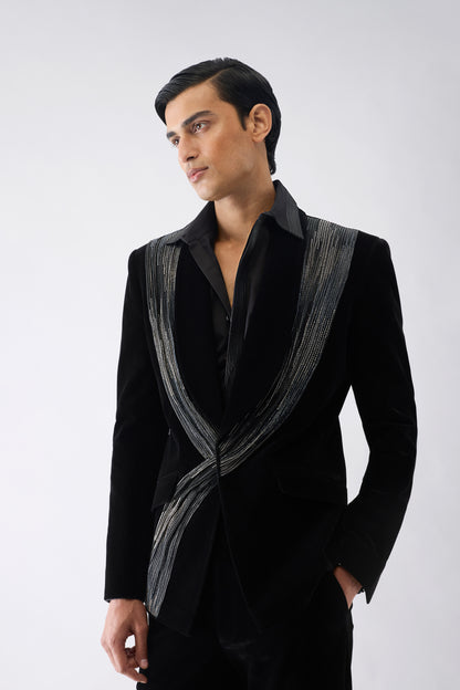 Corded Tuxedo Set with Glass Bead Hand Embroidery