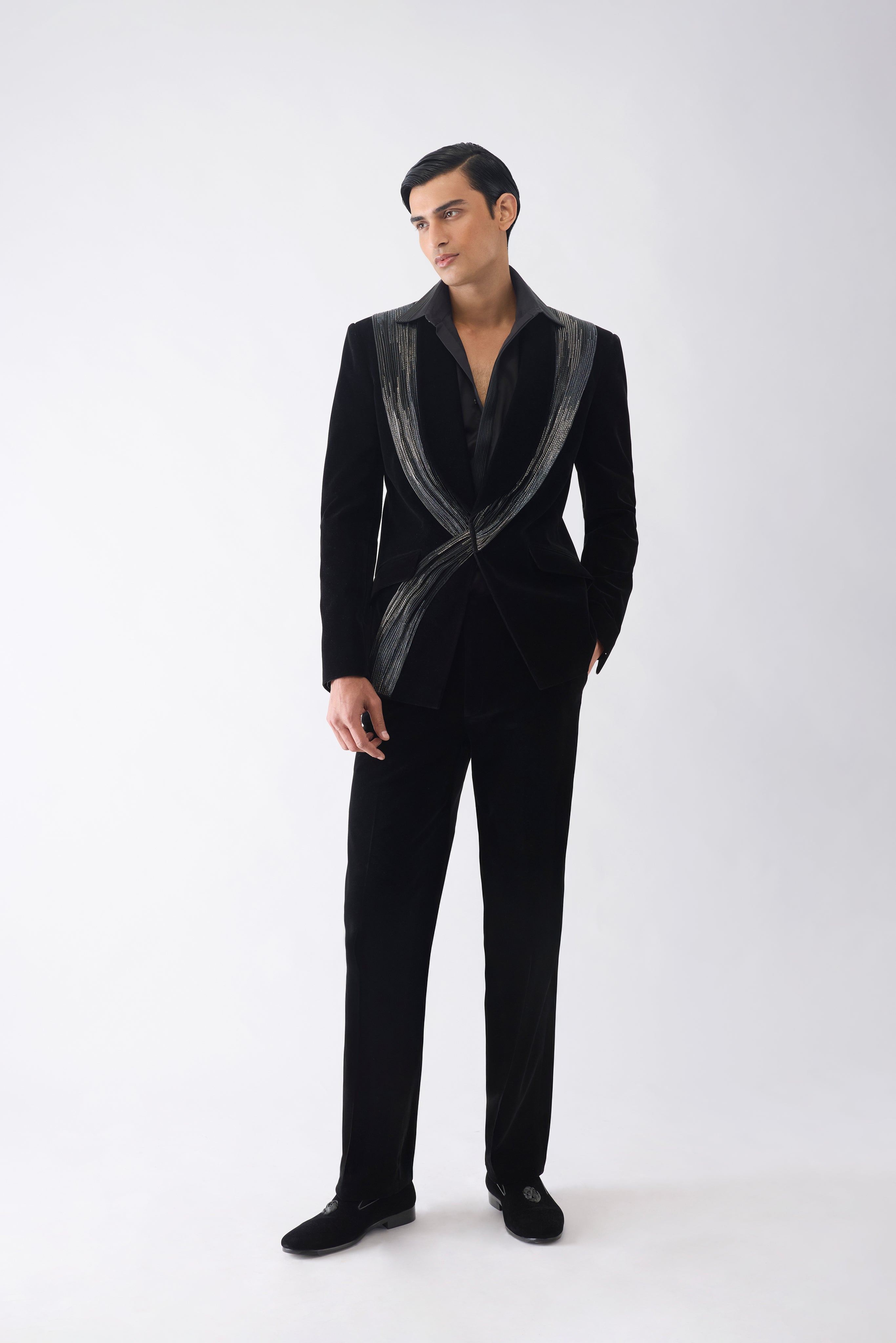 Corded Tuxedo Set with Glass Bead Hand Embroidery