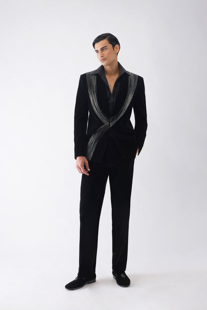 Corded Tuxedo Set with Glass Bead Hand Embroidery