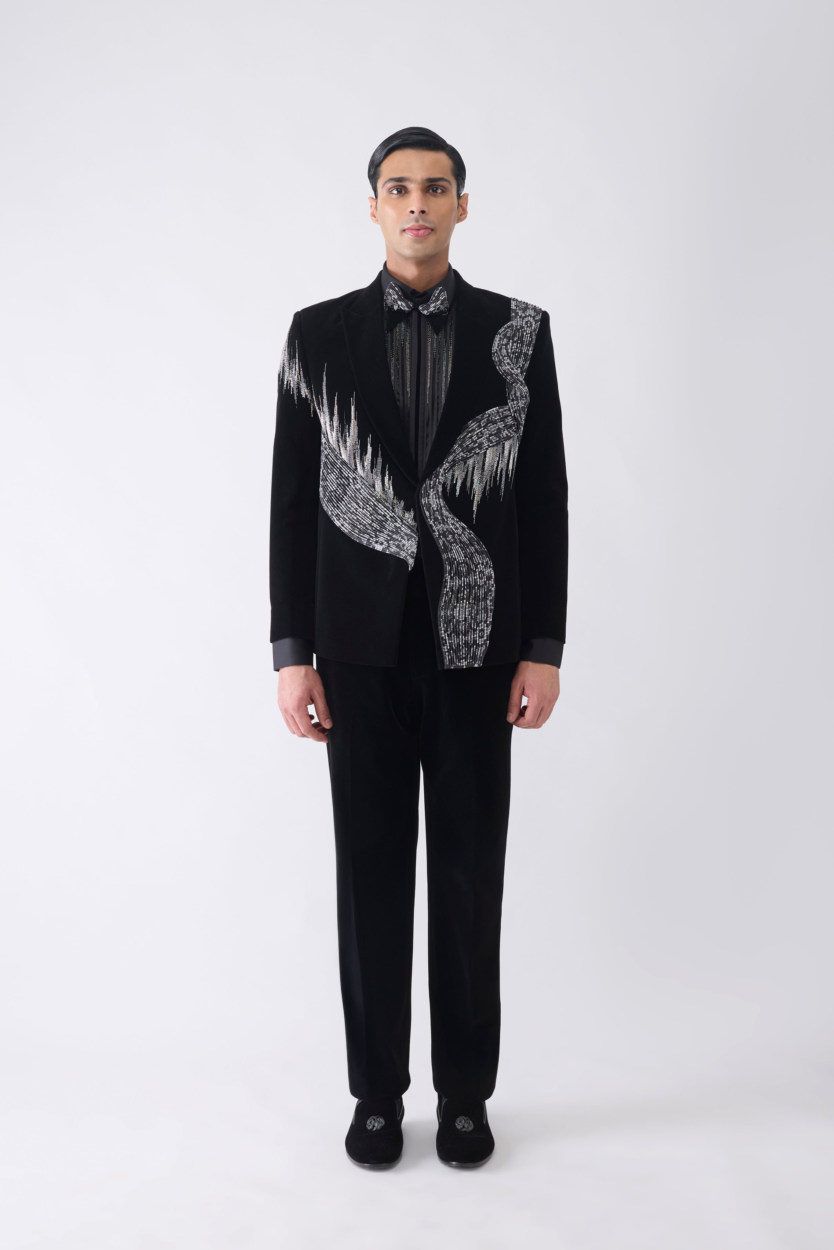 Ikat Corded Tuxedo Set with Glass Bead Hand Embroidery