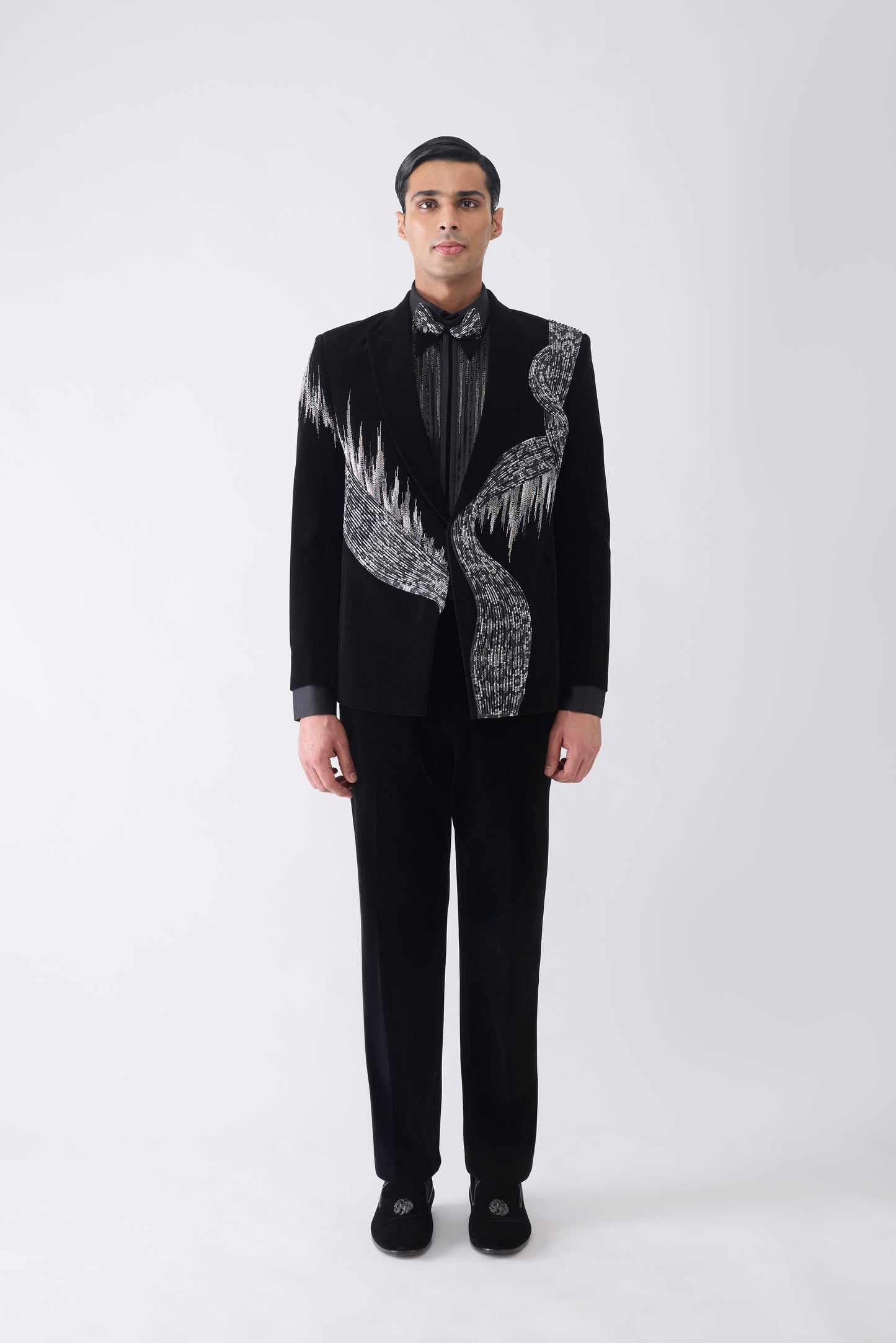 Ikat Corded Tuxedo Set with Glass Bead Hand Embroidery