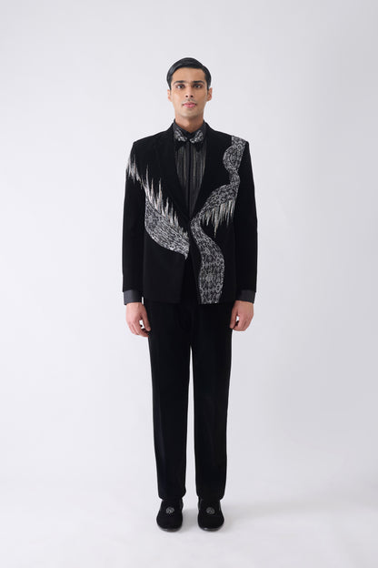 Ikat Corded Tuxedo Set with Glass Bead Hand Embroidery