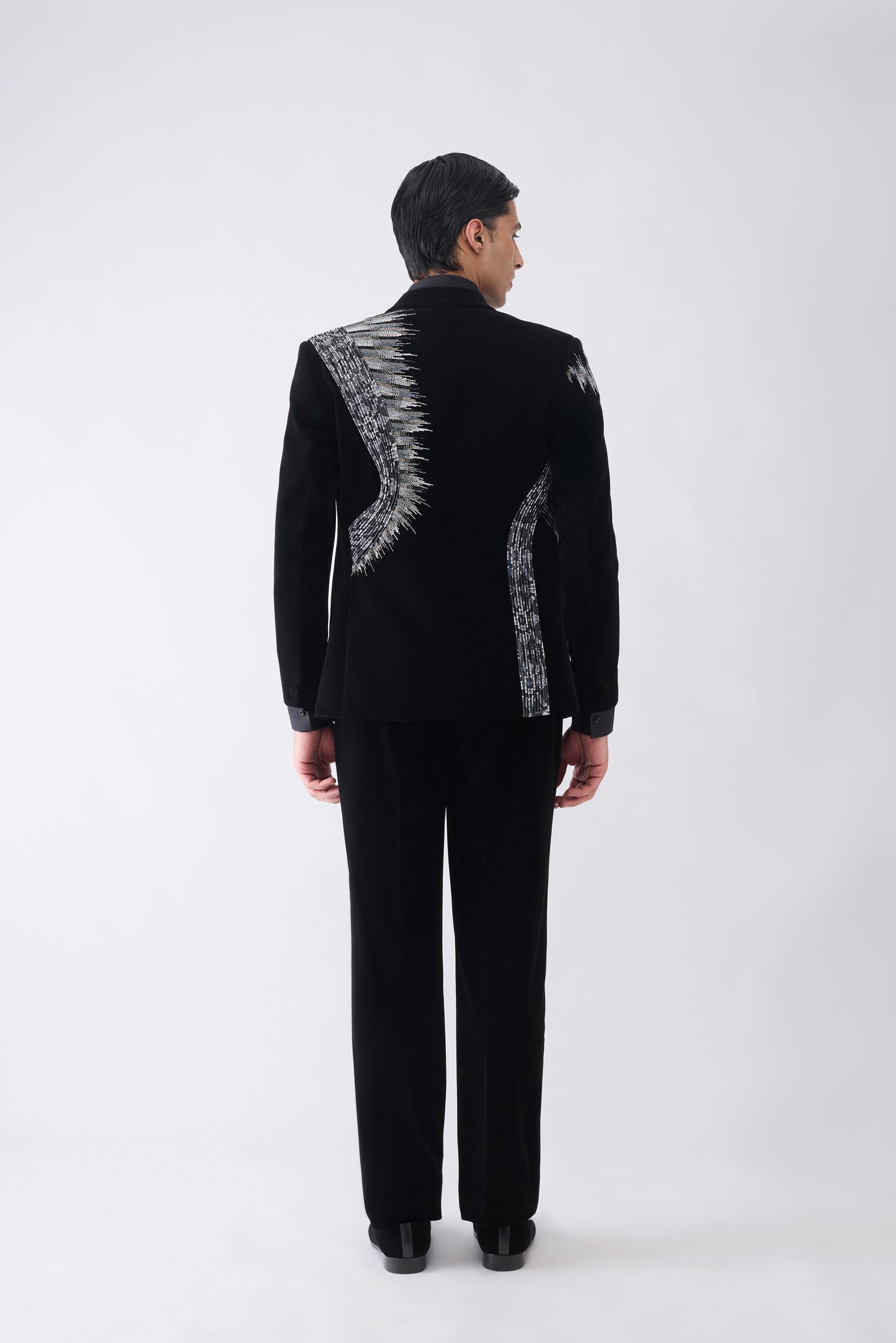 Ikat Corded Tuxedo Set with Glass Bead Hand Embroidery