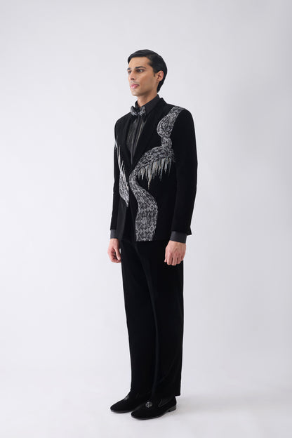 Ikat Corded Tuxedo Set with Glass Bead Hand Embroidery
