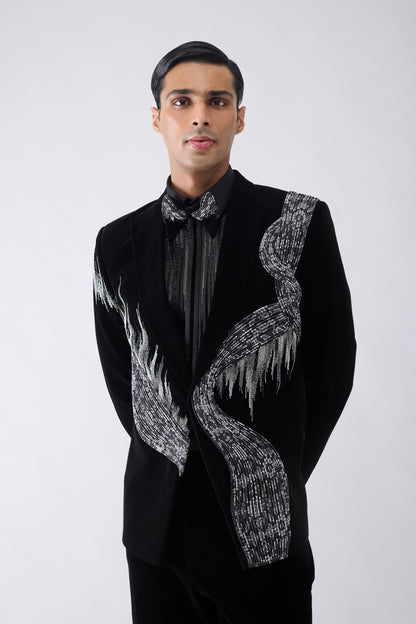 Ikat Corded Tuxedo Set with Glass Bead Hand Embroidery