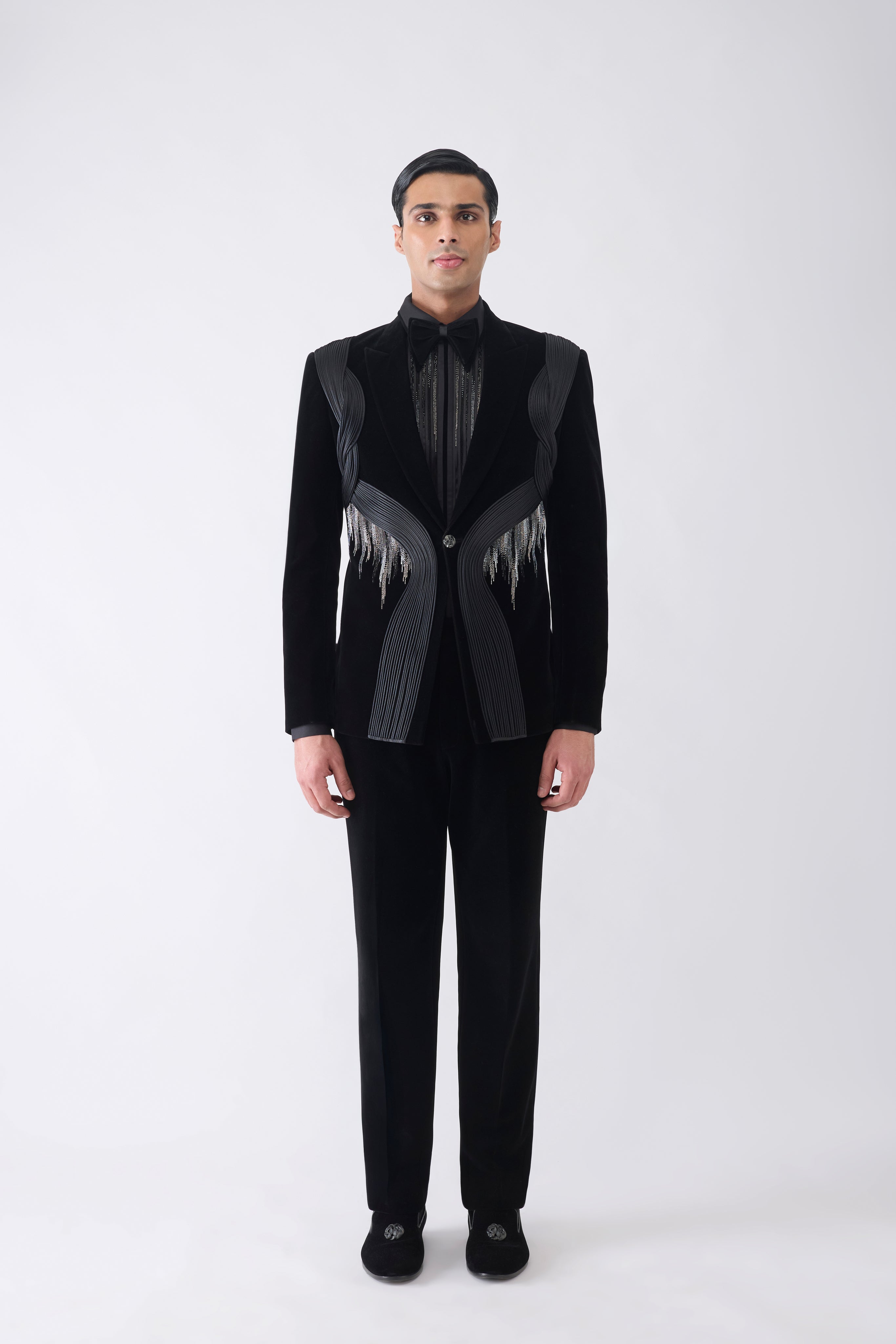Corded Tuxedo Set with Glass Bead Hand Embroidery