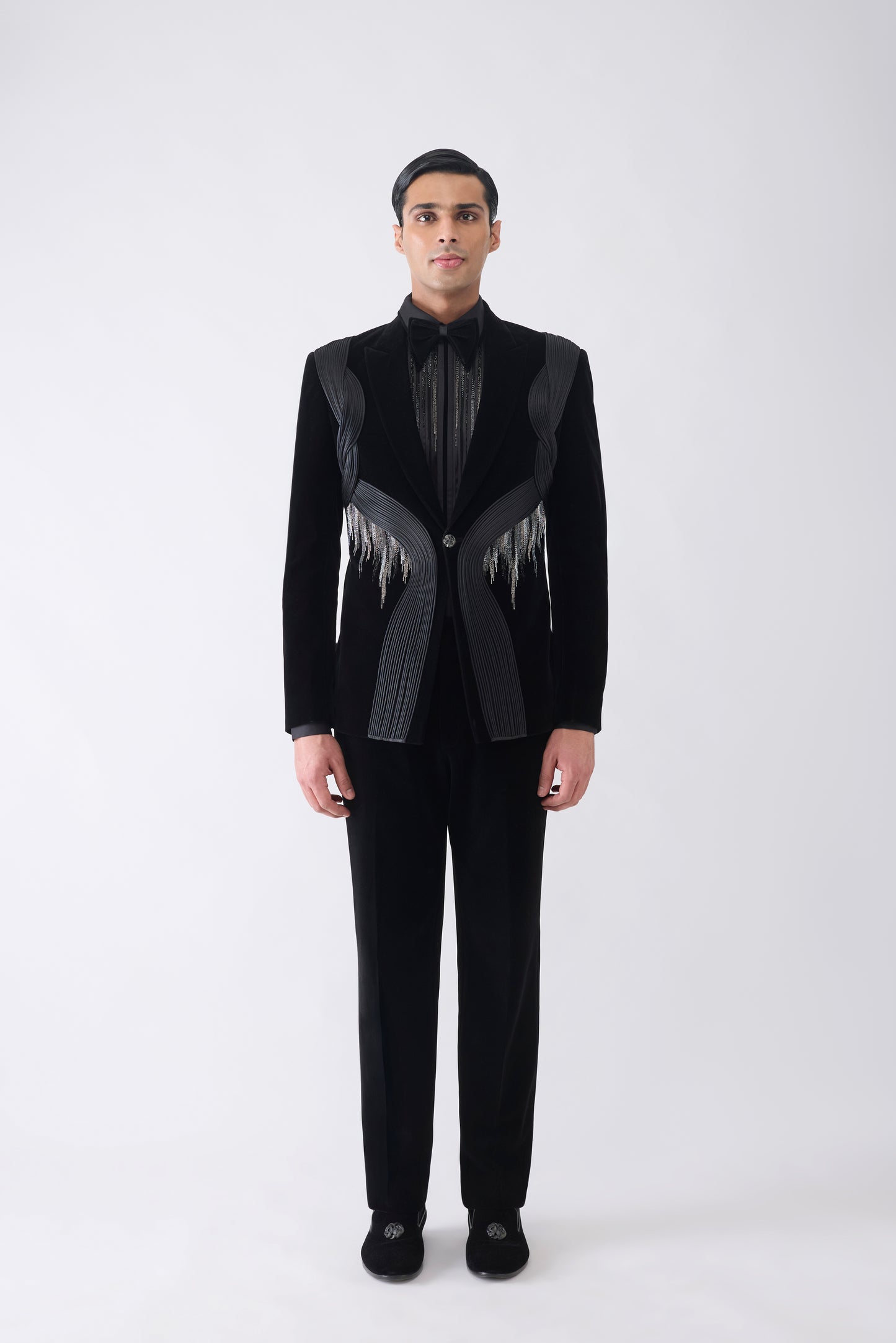 Corded Tuxedo Set with Glass Bead Hand Embroidery