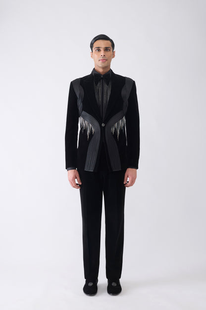 Corded Tuxedo Set with Glass Bead Hand Embroidery