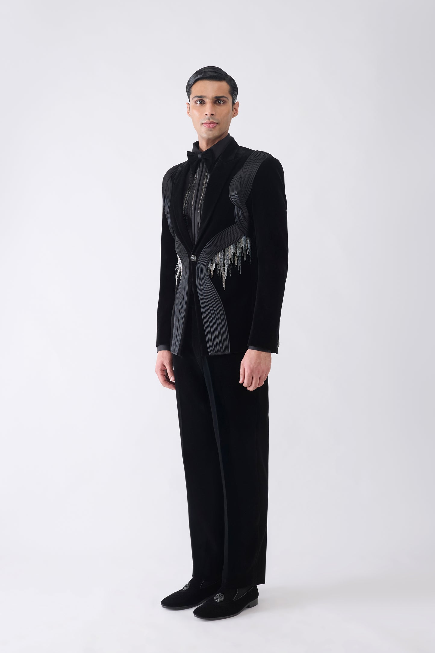 Corded Tuxedo Set with Glass Bead Hand Embroidery