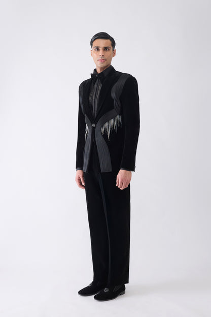Corded Tuxedo Set with Glass Bead Hand Embroidery