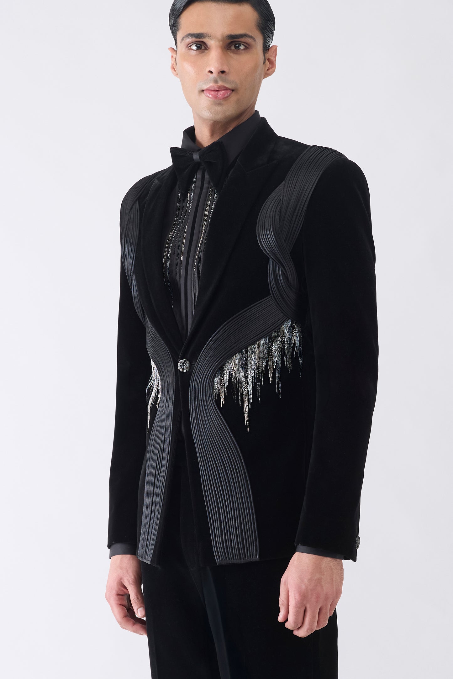 Corded Tuxedo Set with Glass Bead Hand Embroidery