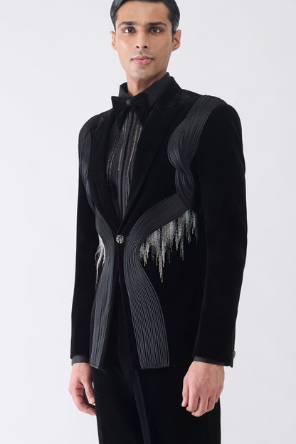 Corded Tuxedo Set with Glass Bead Hand Embroidery