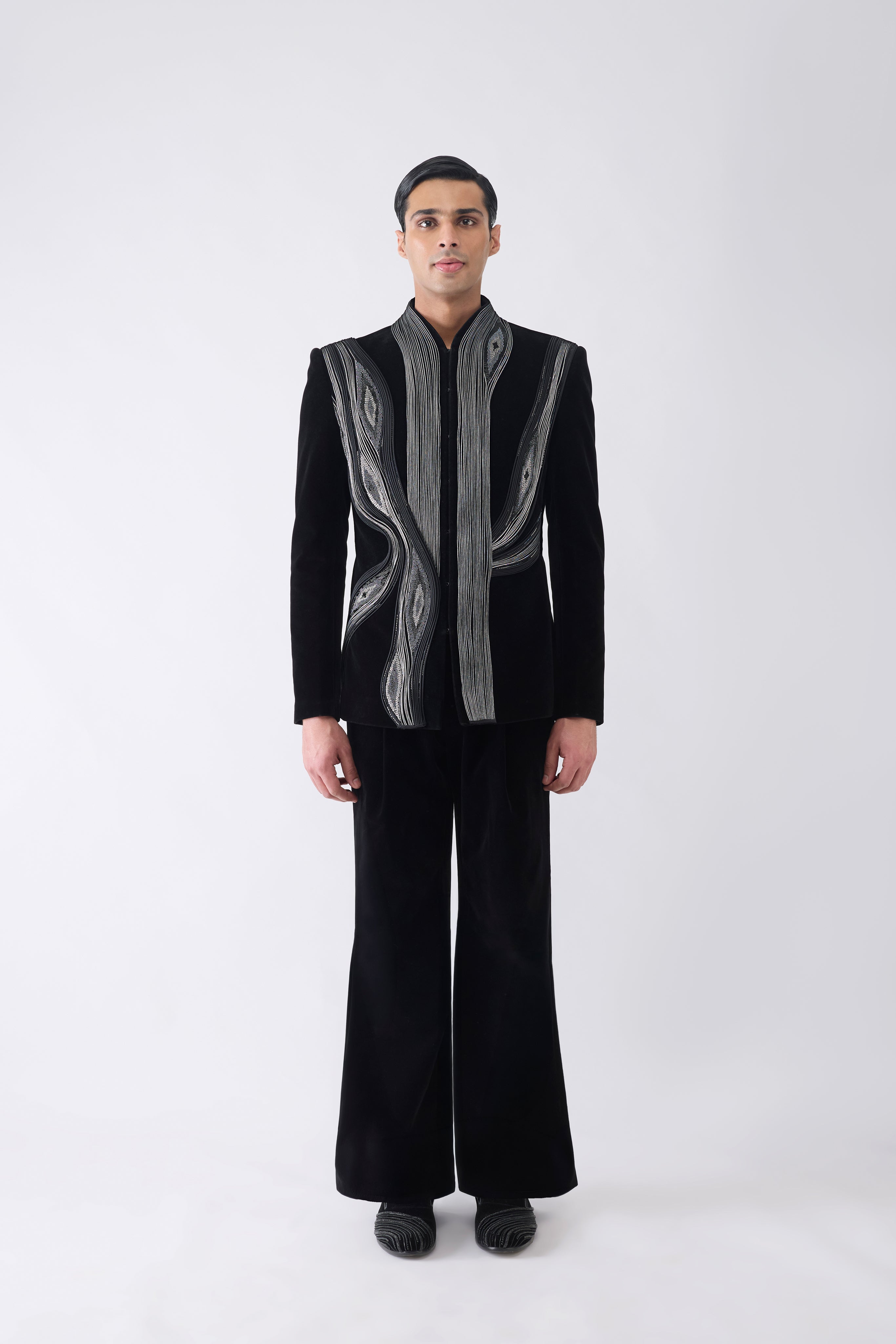 Corded Bandhgala Set in Velvet with Hand Embroidery