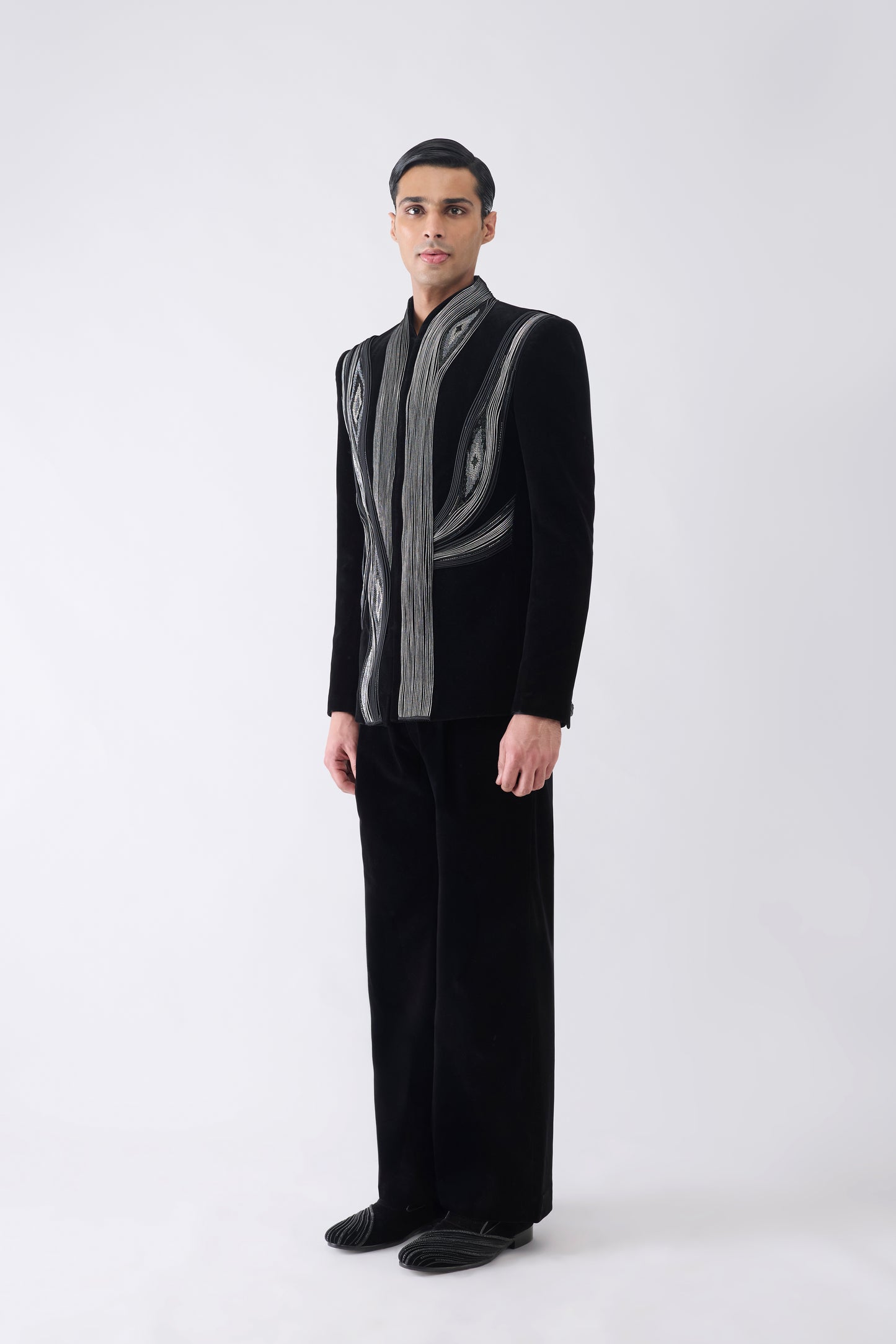 Corded Bandhgala Set in Velvet with  Hand Embroidery