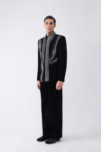 Corded Bandhgala Set in Velvet with  Hand Embroidery