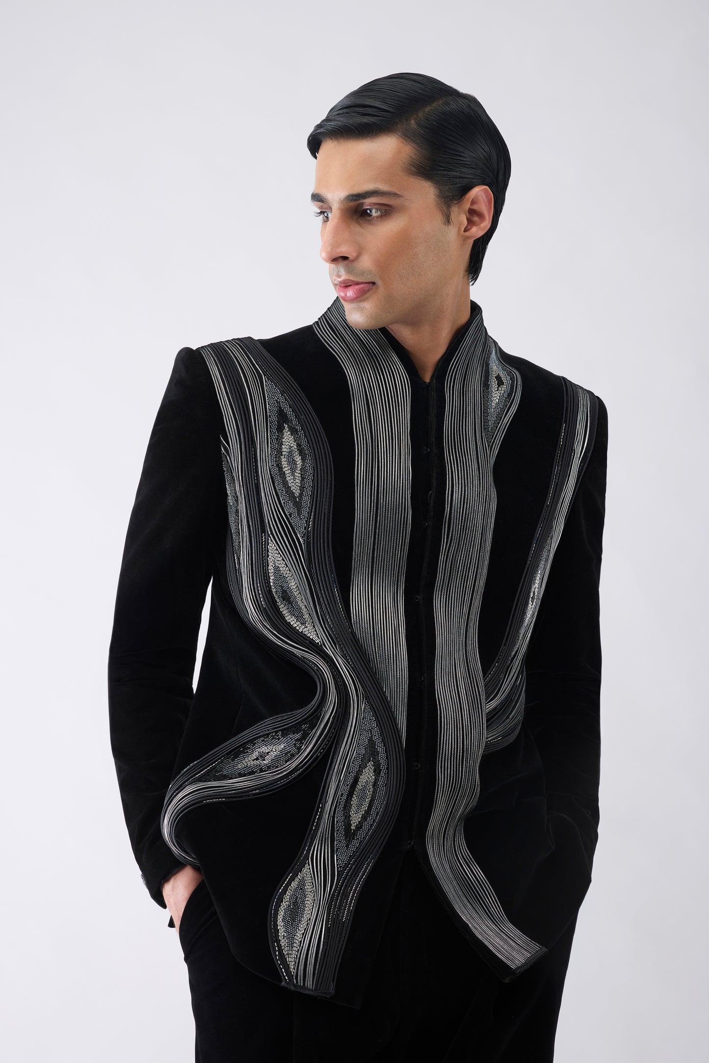 Corded Bandhgala Set in Velvet with  Hand Embroidery