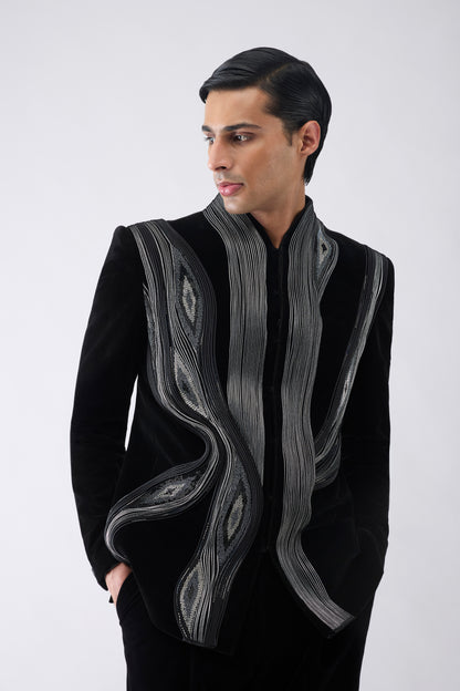 Corded Bandhgala Set in Velvet with  Hand Embroidery