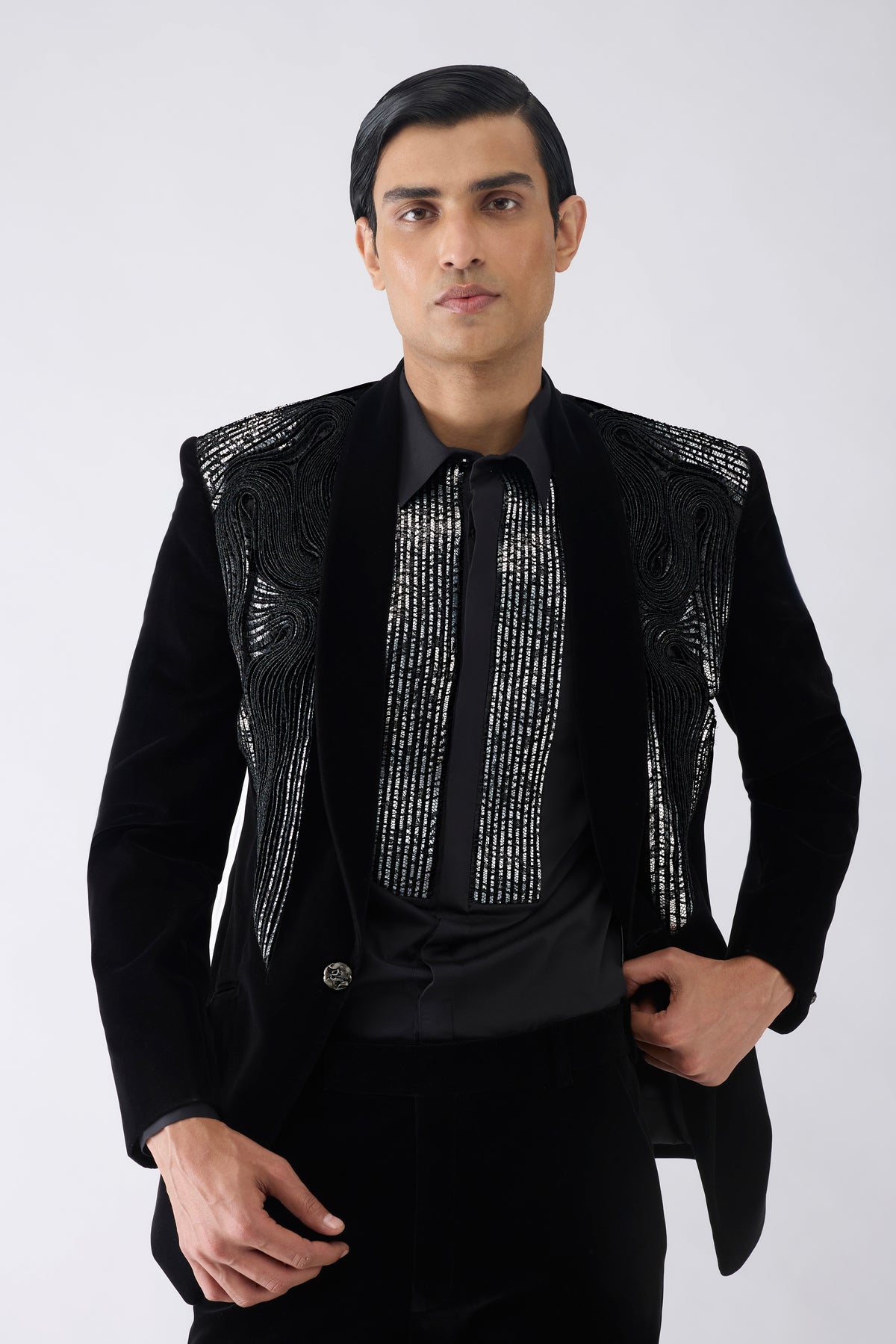 Metallic Micro Pleated Tuxedo Set in Velvet