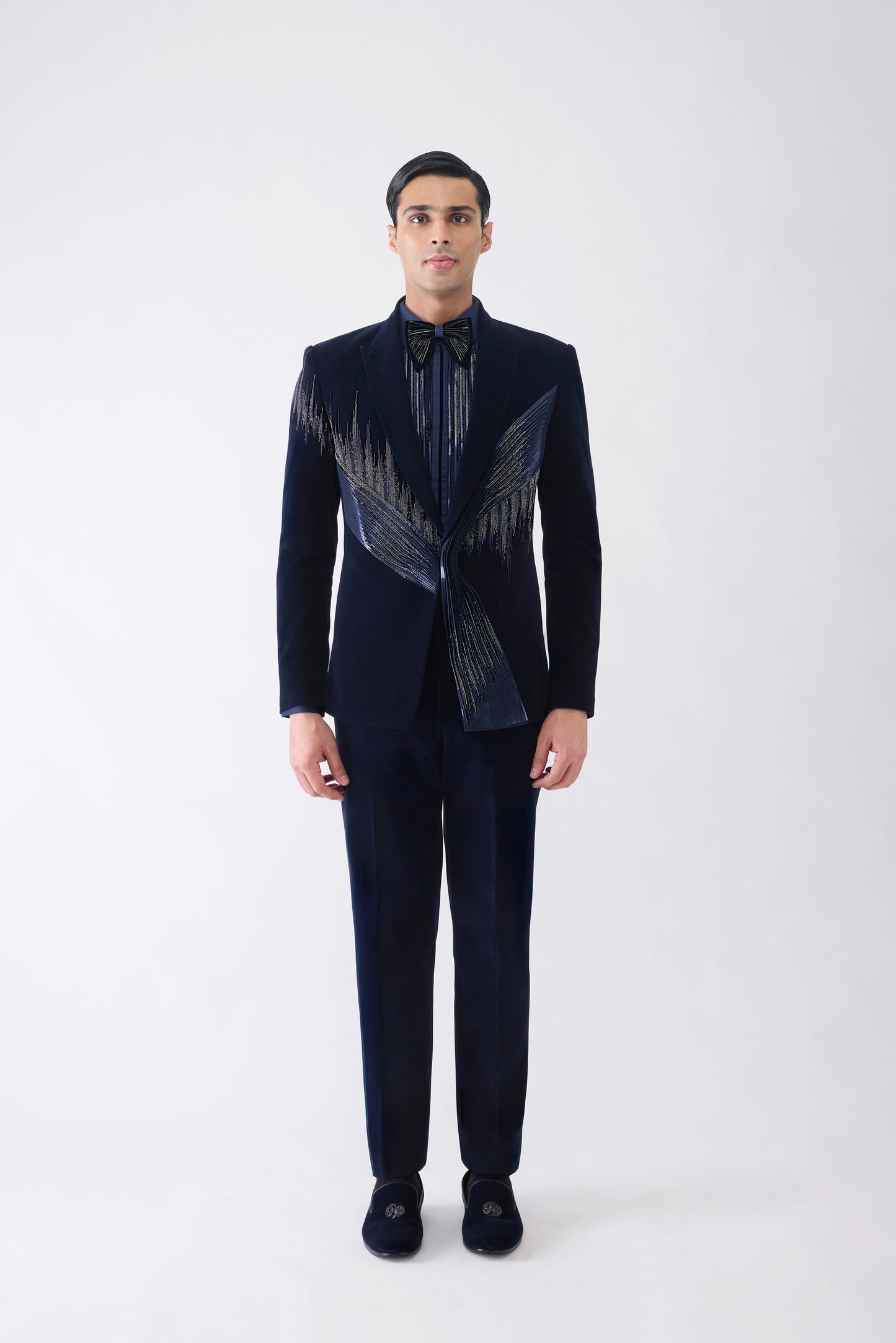 Metallic Micro Pleated Tuxedo Set With Glass Bead Hand Embroidery