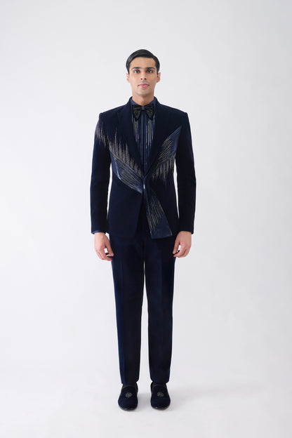 Metallic Micro Pleated Tuxedo Set With Glass Bead Hand Embroidery