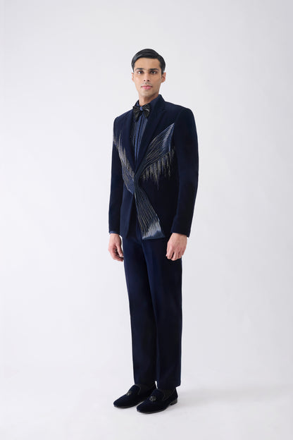 Metallic Micro Pleated Tuxedo Set With Glass Bead Hand Embroidery