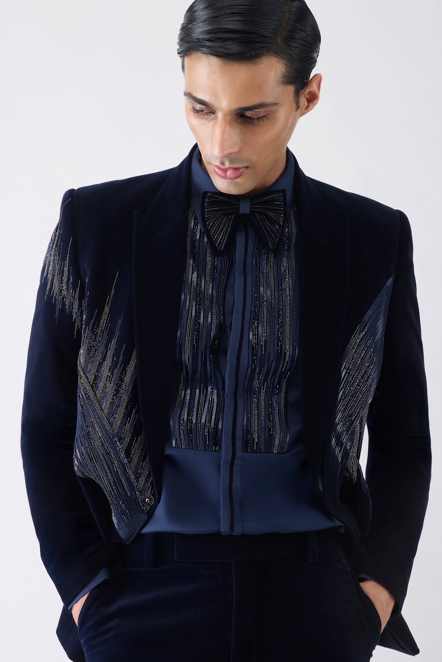 Metallic Micro Pleated Tuxedo Set With Glass Bead Hand Embroidery
