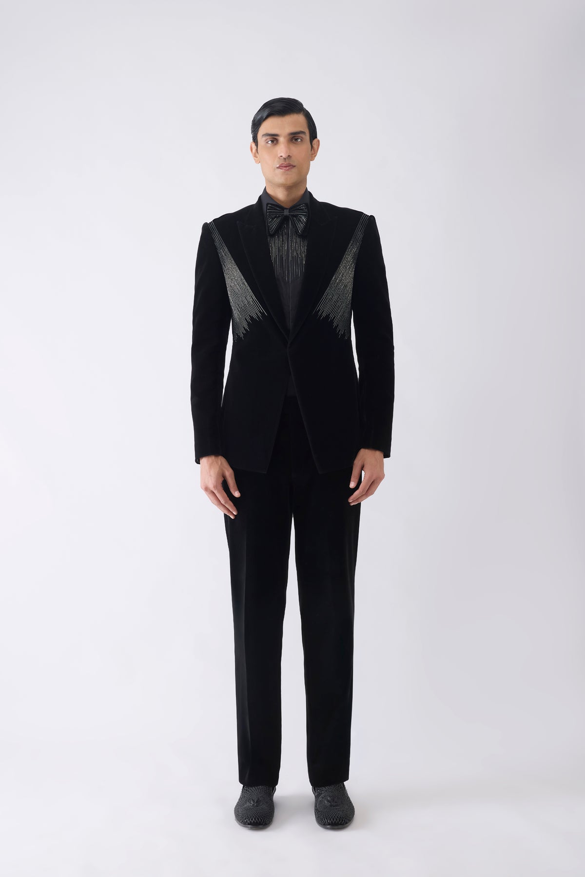 Corded Tuxedo Set With Glass Bead Hand Embroidery
