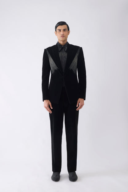 Corded Tuxedo Set With Glass Bead Hand Embroidery