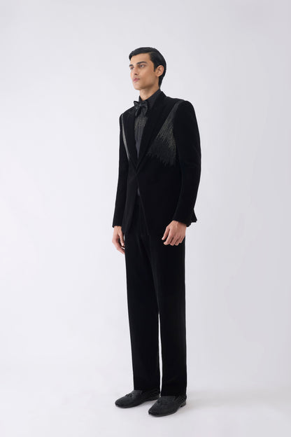 Corded Tuxedo Set With Glass Bead Hand Embroidery