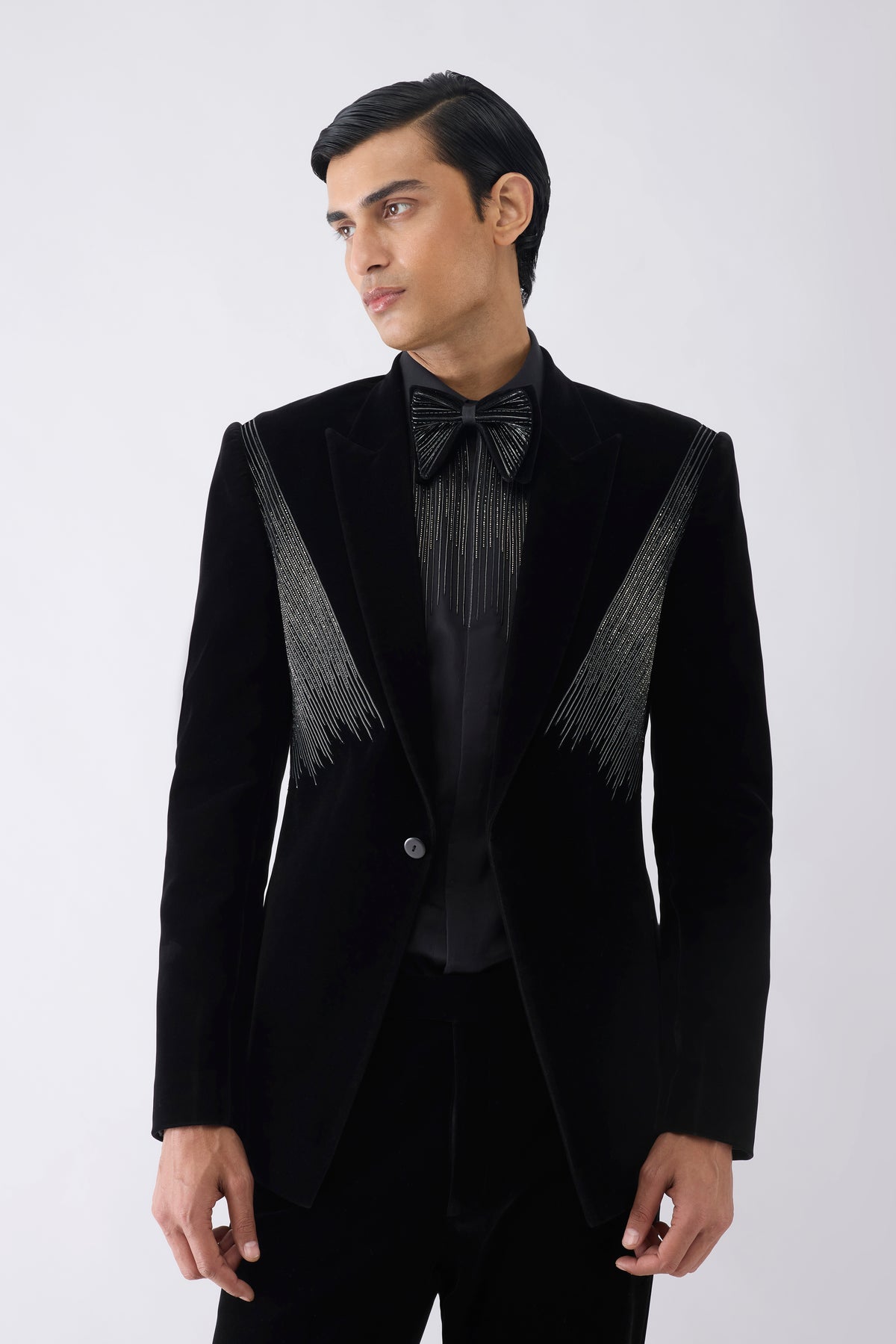 Corded Tuxedo Set With Glass Bead Hand Embroidery