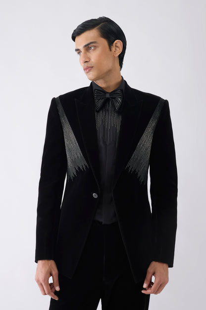 Corded Tuxedo Set With Glass Bead Hand Embroidery