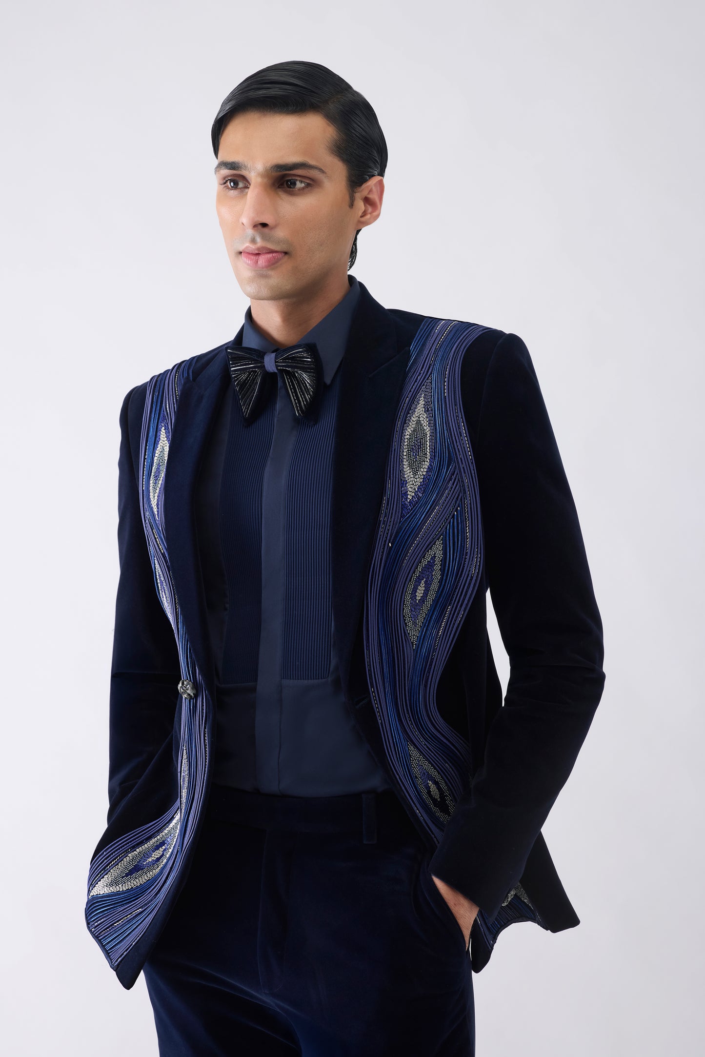 Corded Bandhgala Set in Velvet with Hand Embroidery