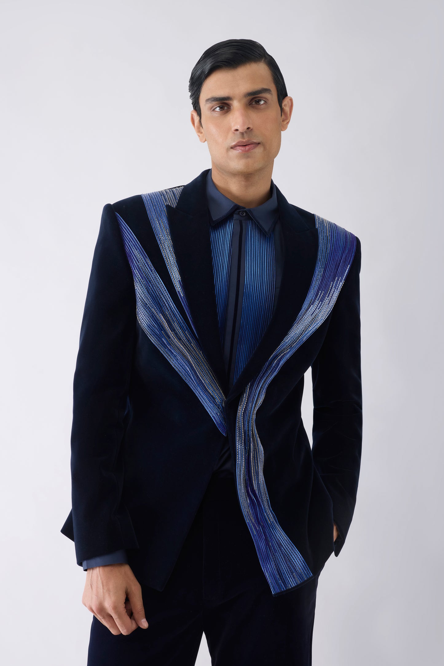 Corded Tuxedo Set in Velvet with Glass Bead Hand Embroidery