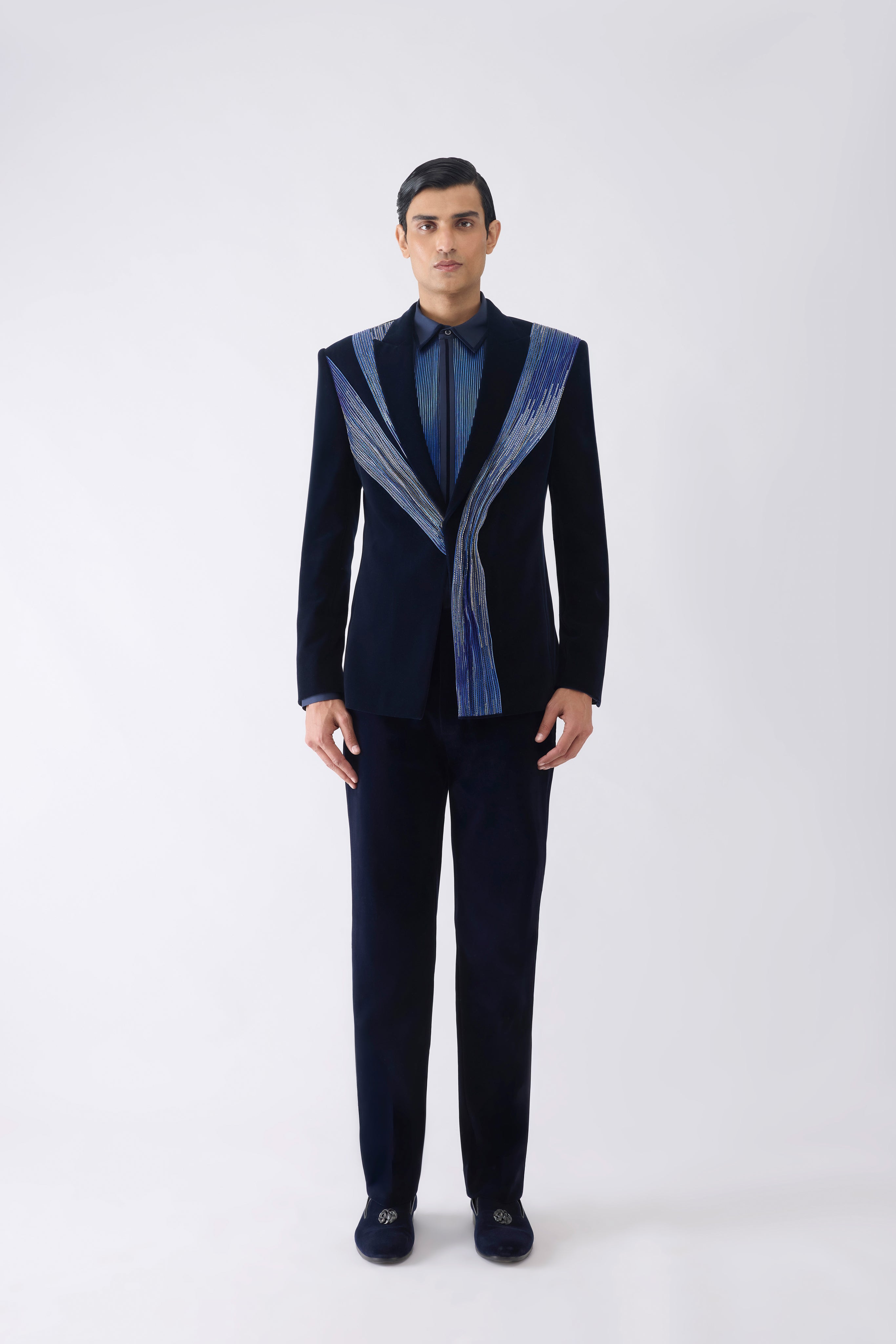 Corded Tuxedo Set in Velvet with Glass Bead Hand Embroidery