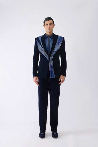 Corded Tuxedo Set in Velvet with Glass Bead Hand Embroidery